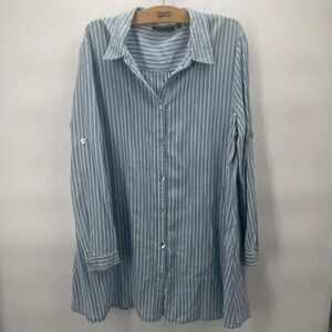 T&D Designs 100% Vertical Blue/White Stippped Long sleeve Shirt Dress Pockets XL